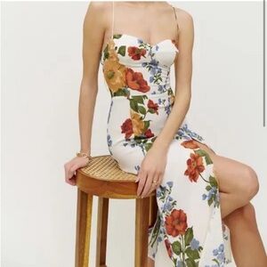 Reformation Juliette Cream Strapless Dress with Orange and Blue Florals